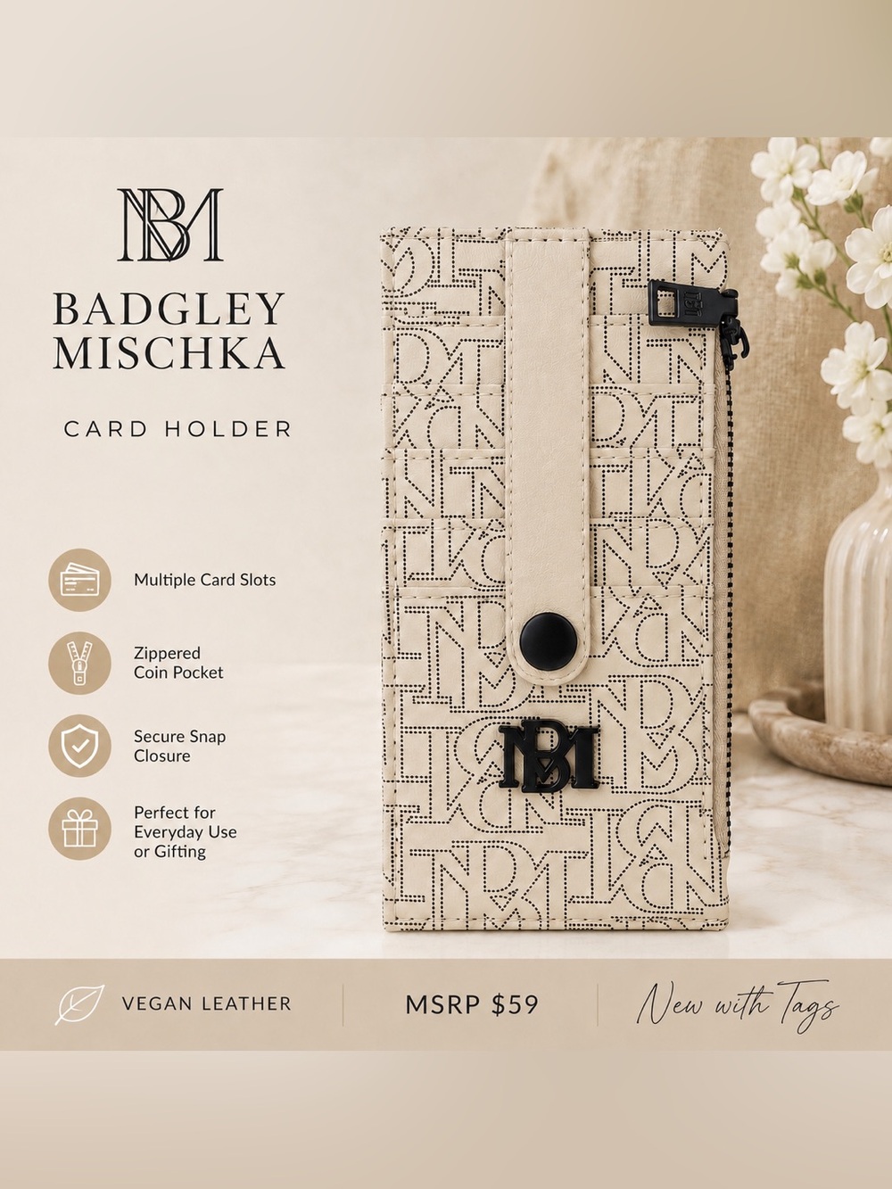 Badgley Mischka Beige Monogram Card Holder with Black Hardware NWT